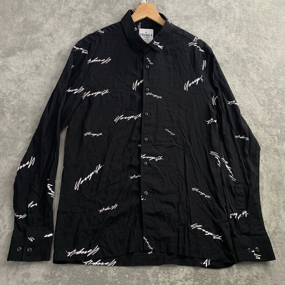 Youngla Shirt Mens Medium Black Button Up AOP Logo Viscose Long Sleeve Preppy